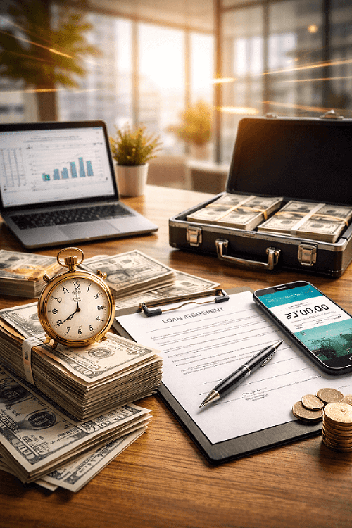 ערבויות ליזמי נדל"ן – המדריך המקיף לכל סוגי הערבויות הסכם הלוואה מיידית לעסקים עם מזומן, תיק כסף, מחשב נייד ונתוני צמיחה פיננסיים